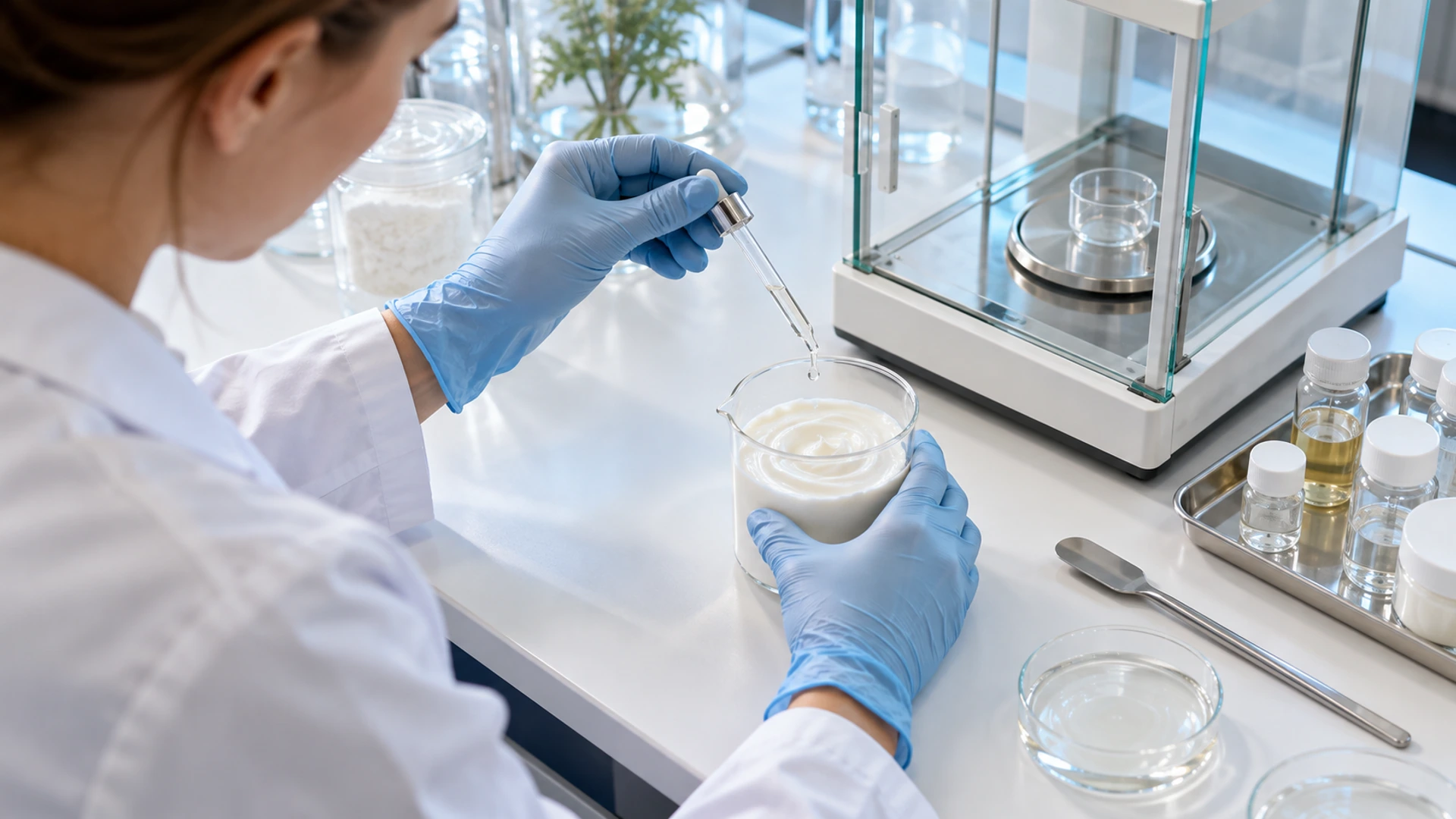 Illustration: gloved hands measuring an ingredient into a cosmetic formulation