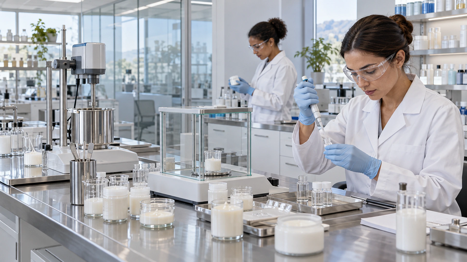 Illustration: two cosmetic scientists working in a bright contemporary laboratory