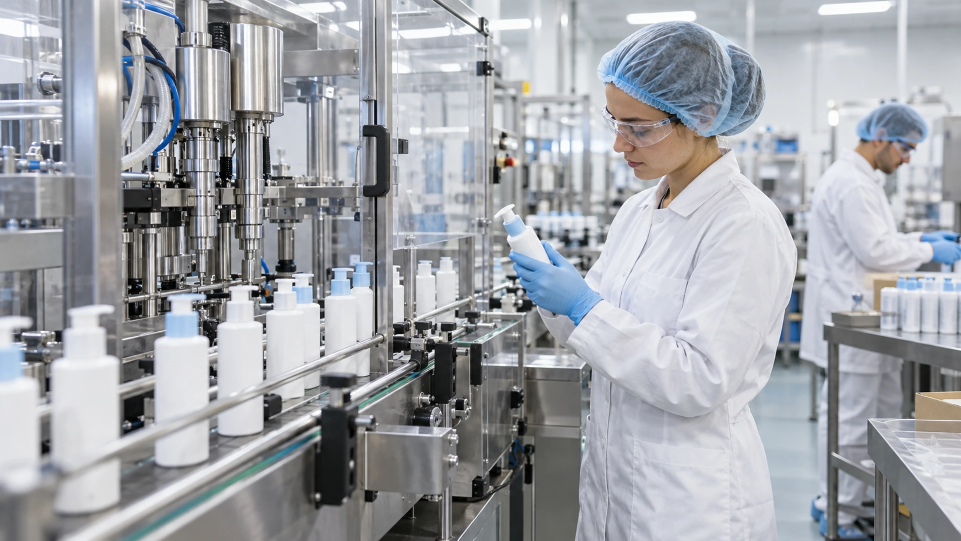 Illustration: a technician inspecting a bottle beside a cosmetic filling line