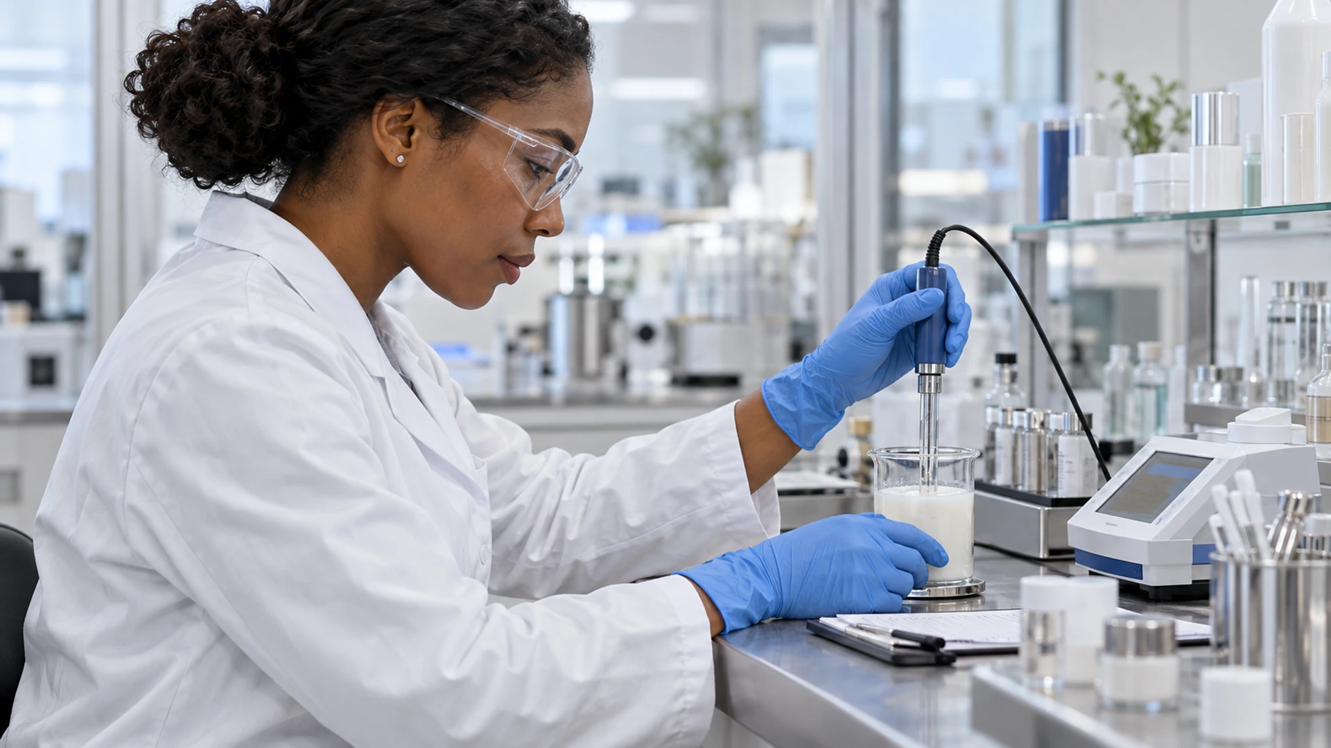 Illustration: a laboratory analyst examining a cosmetic sample with a measuring probe