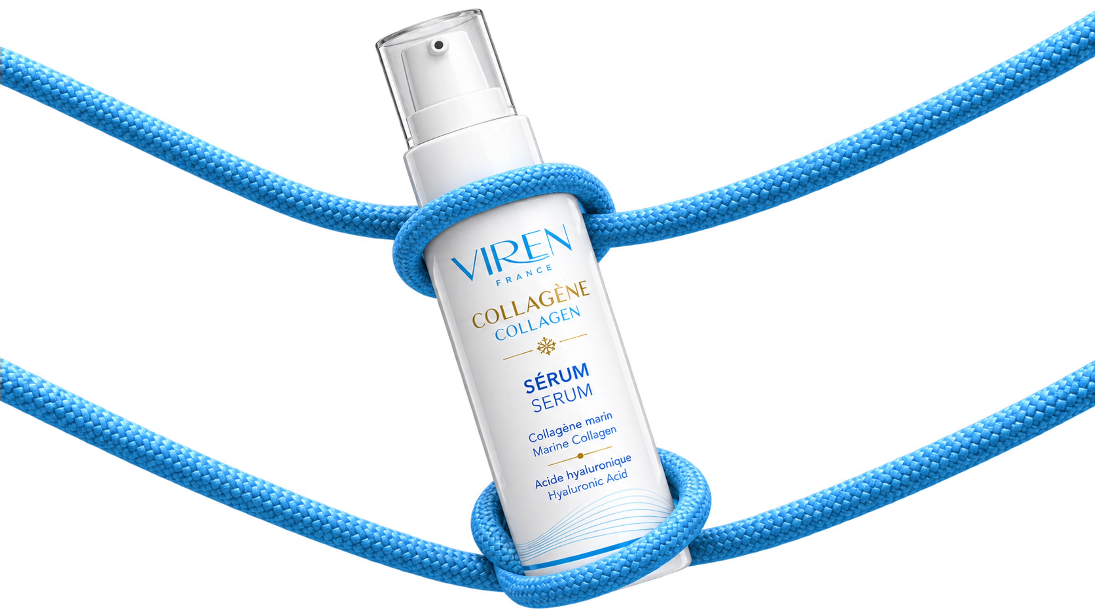 Collagen serum suspended in sky-blue braided ropes