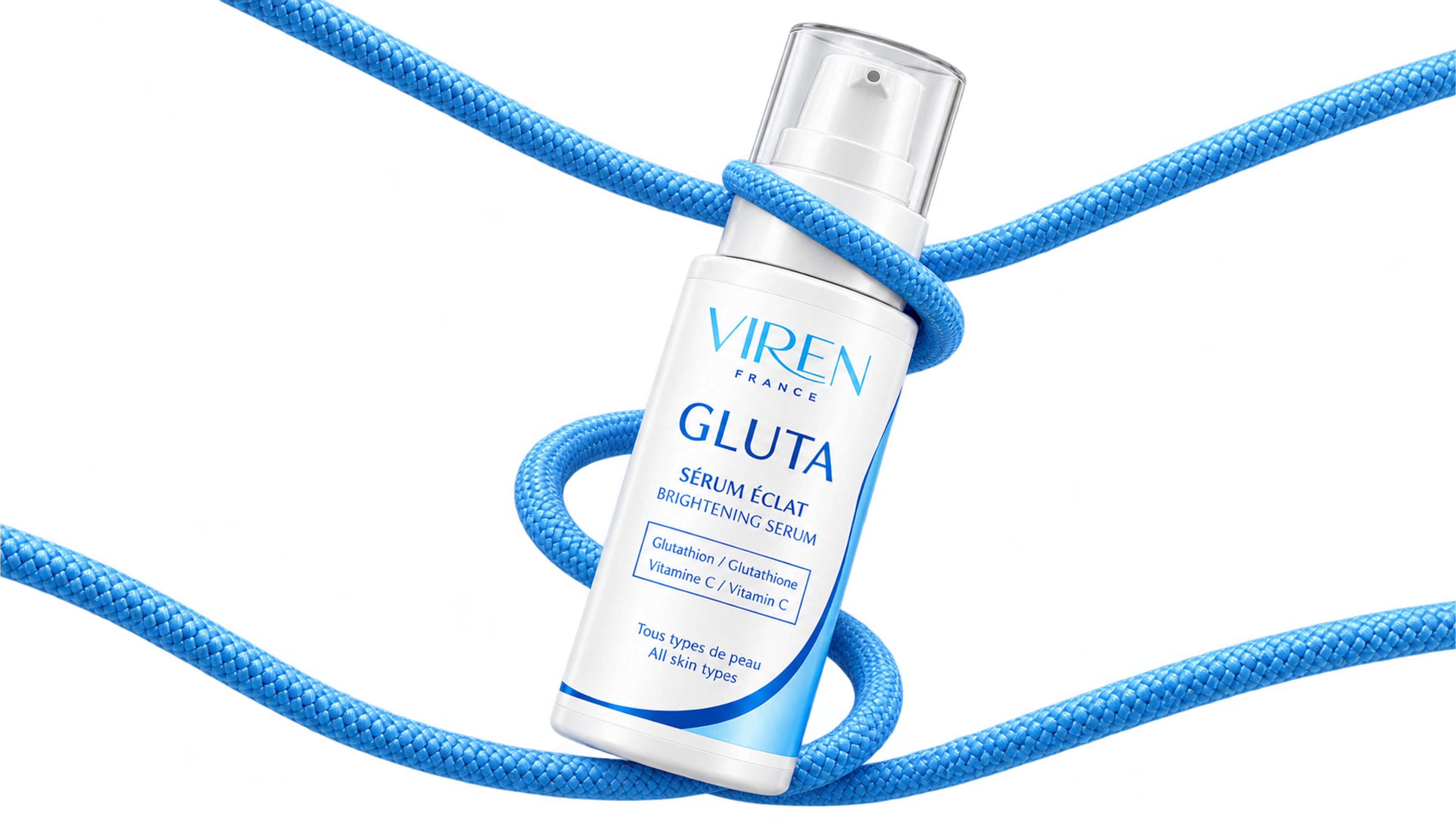Gluta brightening serum suspended in sky-blue braided ropes